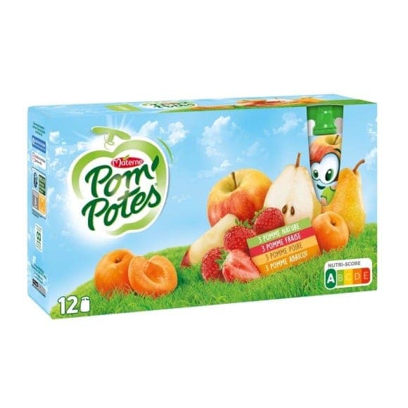 Pom'Potes 12 × 90g 3 pommes nature 3 pomme fraise 3 pomme poire 3 pomme abricots