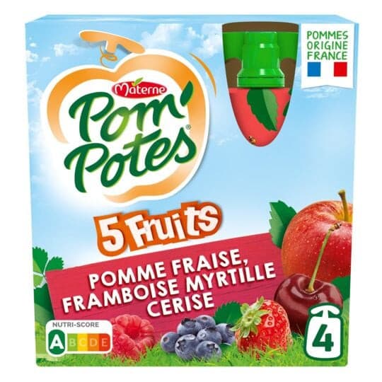 Pom'Potes 4 × 90g 5 fruits, Pomme, Fraise, Framboise, Myrtille, Cerise